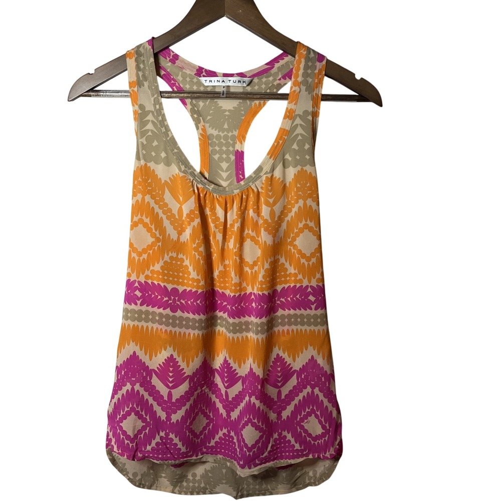 Trina Turk Womens Multicolor Scoop Neck Silk Racerback Tank Top‎ Blouse Small